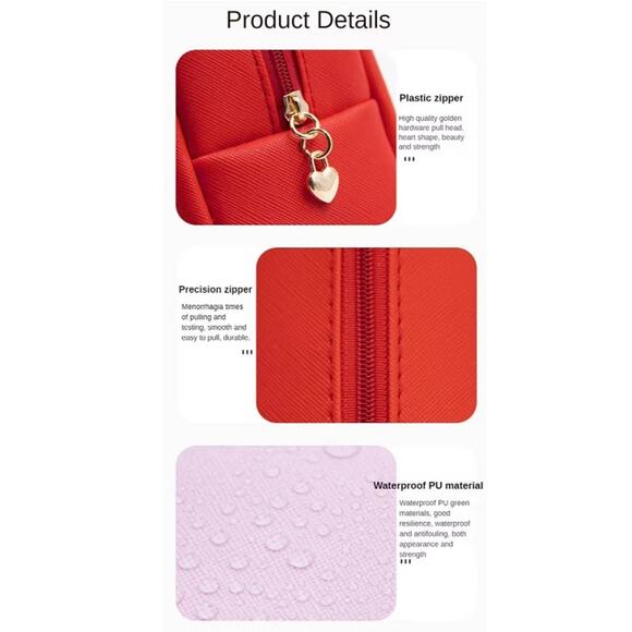 Vegan Leather Travel Makeup Rectangle Pouch Ruby Red - Picture 4 of 5